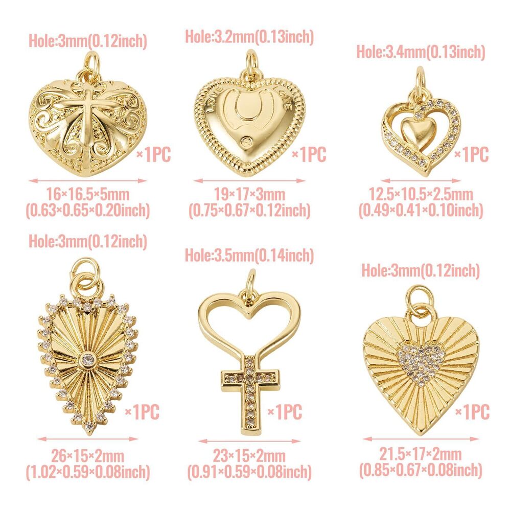 2310 6Pcs Cubic Zirconia Heart Charms 18K Gold Plated Brass Pendants Love - Picture 6 of 7